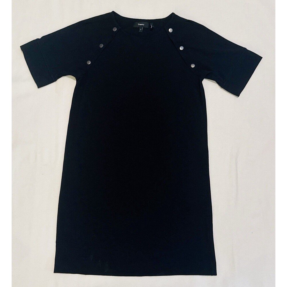 Theory Women T-Shirt Dress Black Short Sleeve Size P Faux Button Snaps Classic